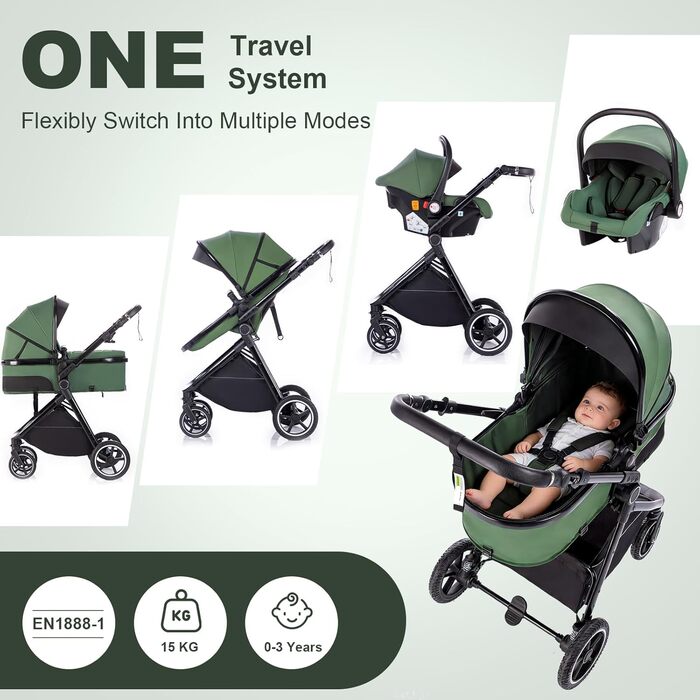 Дитяча коляска 3-в-1 | Комбінована коляска з автокріслом | Візок з регульованою ручкою | Алюмінієвий каркас | Москітна сітка | для новонароджених 0-4 роки, Зелений