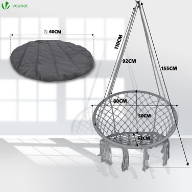 Підвісне крісло-гойдалка VOUNOT з полицею для книг та подушкою, для дому та саду, діаметр сидіння 80 см, X-Large, сірий колір