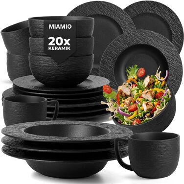 MIAMIO Набір посуду 20 предметів / Сучасний керамічний посуд / Сервіз для 4 осіб - Колекція Oasis (Чорний, 20 шт.) / Чорний посудовий набір (20 шт.)