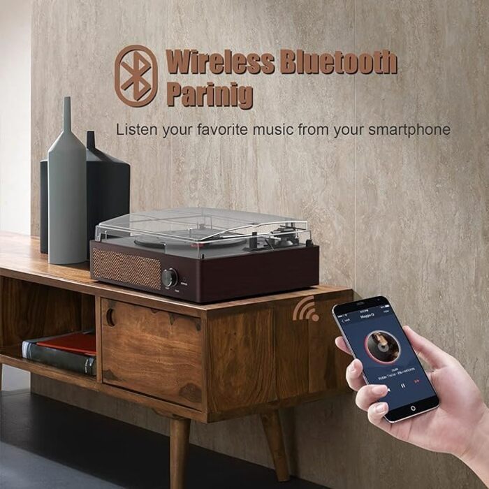 Вініловий програвач Bluetooth з вбудованими динаміками, ретро-програвач платівок з трьома швидкостями 33/45/78 об/хв, автостопом, RCA/Aux-in, 3,5 мм, коричневий