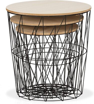 Набір плетених столів Relaxdays з 3 шт. , круглий, кошик з приставним столом для вітальні, металевий і дерев'яний вигляд, 3 розміри, стіл з дротяним кошиком, чорний
