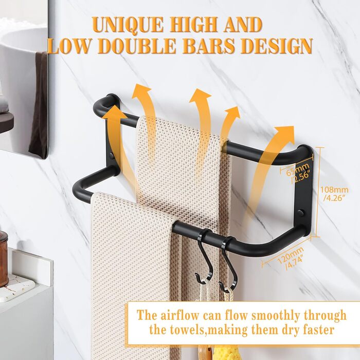 Тримач для рушників подвійний, нержавіюча сталь 304, 40 см, чорний. Настінний тримач для рушників у ванну та кухню. Набір для ванної кімнати