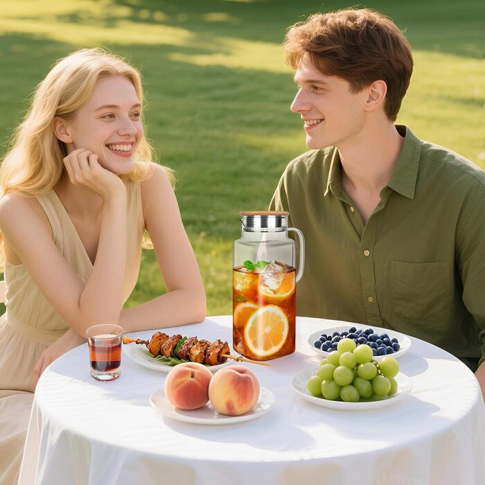 Скляна карафа Glaskaraffe 1,8 л з дерев'яним кришкою, 1800 мл. Ідеально для води, чаю, соків та молока. Зручний V-подібний носик для наливання.