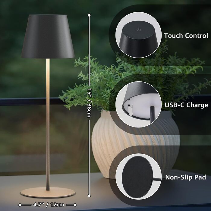 Набір з 2 LED-лампах настільних бездротових, акумуляторні USB-C, диммування, сенсорне керування, для вулиці, для ресторану, кемпінгу, бару, тераси (чорний)