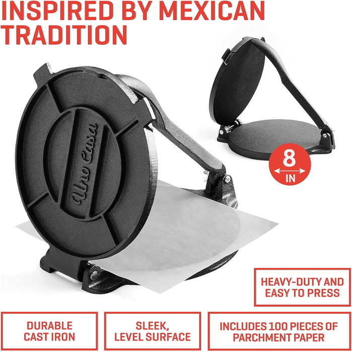 Пресс для тортилій Uno Casa - прес для тако, з бонусним папером для випікання (100 шт.)