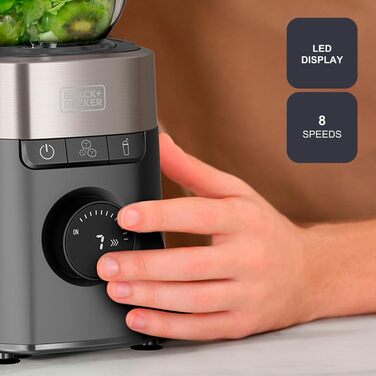 Блендер Black+Decker BXJB1201E 2200W з 2.2L скляним глечиком, 8 швидкостей, 6 лез з нержавіючої сталі, функцією Pulse та Ice Crush, LED-дисплеєм та системою безпеки
