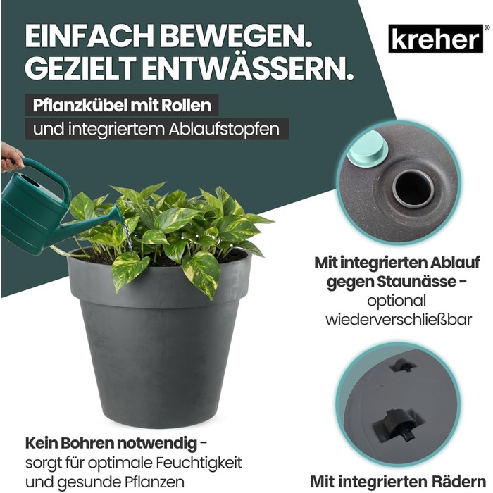 Круглий горщик для квітів Kreher XXL з колесами, діаметром 58 см, антрацит