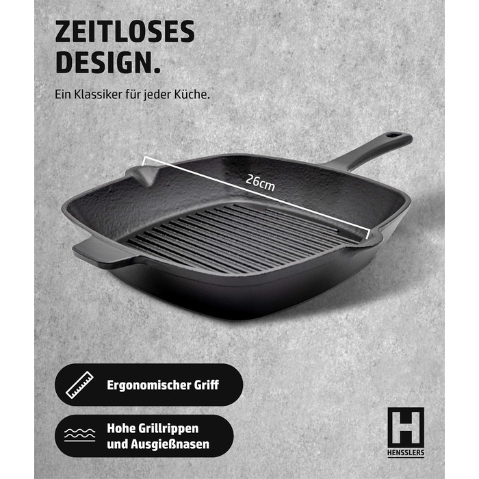 Сковорода-гриль HENSSELERS® з чавуну [26 см] для всіх типів плит та духовок, включаючи газові та індукційні плити. Антипригарна сковорода для стейків. Чотирикутна чавунна сковорода для гриля