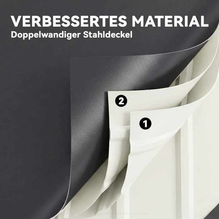 Короб для подушок Gartenbox Metall 450L – міцна металева коробка об'ємом 450 літрів з подвійними стінками кришки. Розміри: 120 x 61 x 62 см. Водостійка, з можливістю замикання. Колір: сірий.