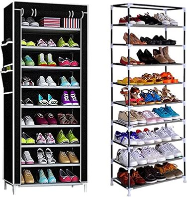 Рівнева полиця для взуття взуттєва шафа для зберігання взуття з пилозахисним покриттям підставка для взуття стійка для взуття на 27 пар взуття 58x28x158 см (чорний), 10-