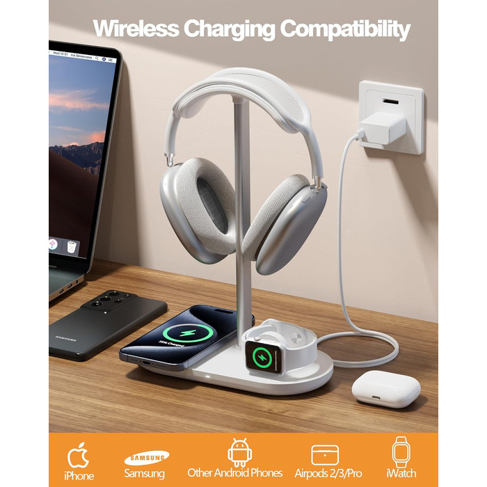 Підставка для навушників HiWe 3-в-1 з бездротовим зарядним пристроєм для телефону/AirPods/iWatch. Алюмінієва стійка, шкіряний підклад, ABS-основа, білий колір.