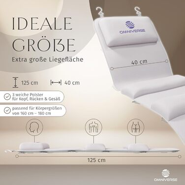 Подушка для ванни Omniverse Ganzkörper 125×40 см, для зросту 160–180 см, для гладких поверхонь, швидковисихаюча, для чутливої шкіри, біла