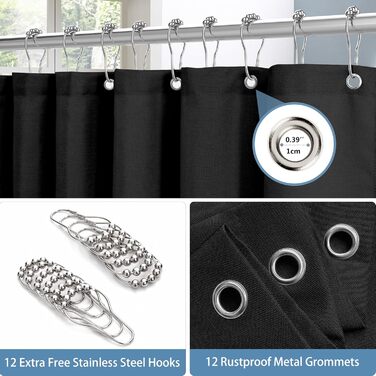 Шторка для душу з льону з металевими кільцями, сіра, 182 x 214 см