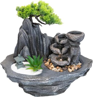 Lemodo Фонтан для дому LED 3-рівневий Настільний Фонтан Фен Шуй з підсвіткою, Водоспад, Оволожувач повітря, Декор для вітальні, спальні, офісу, 27x19x33 см (Савана)