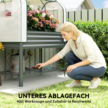 Підвищена грядка з тепличною кришкою з металу, ящик для вирощування рослин з парником та полицею, висота 120 x 55 x 140 см