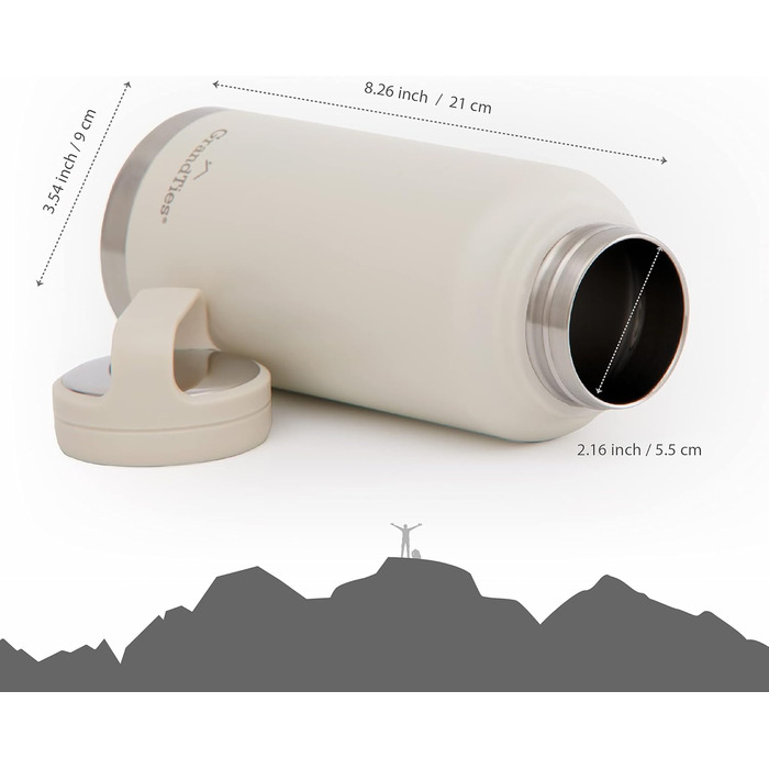 GRANDTIES Фляга для води 946 мл з широким горлом, вакуумна ізоляція, 2 кришки, для чоловіків та жінок, білий колір