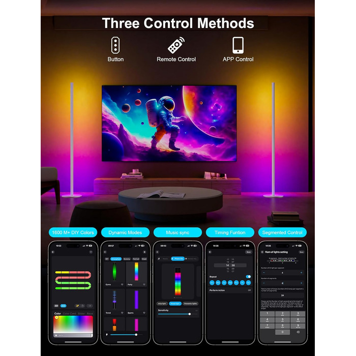 LED торшер для вітальні білий з пультом ДУ, RGB лампа 140 см, 16 млн кольорів, синхронізація з музикою, кутова, з таймером