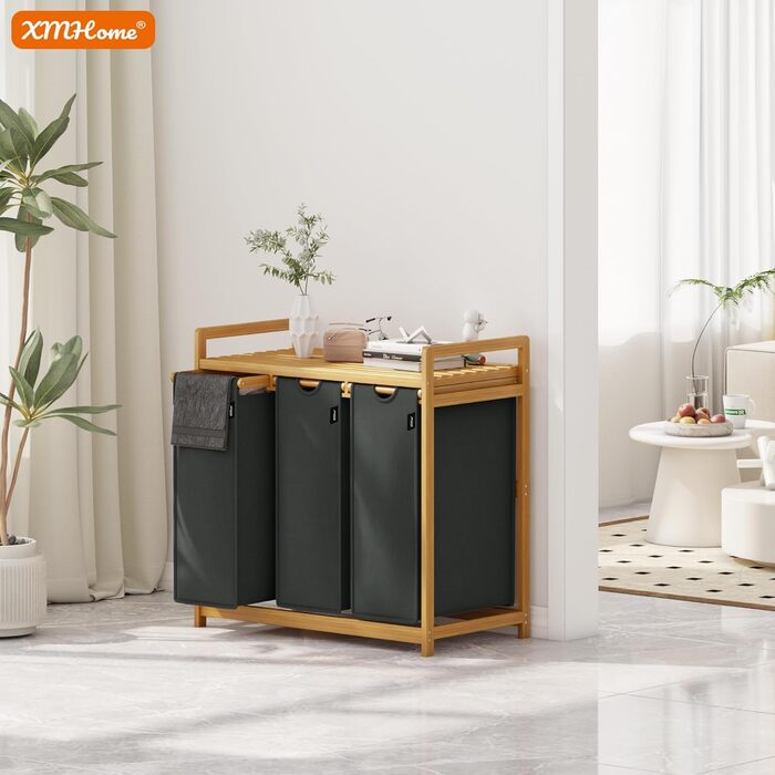 Бамбуковий сортувальник для білизни з 3 відділеннями, 148 літрів, 2 яруси, великий кошик для білизни з знімним мішком, прямокутна коробка для ванної, спальні та пральні, 77.5x41.3x100.5CM, Бежевий (Темно-сірий)
