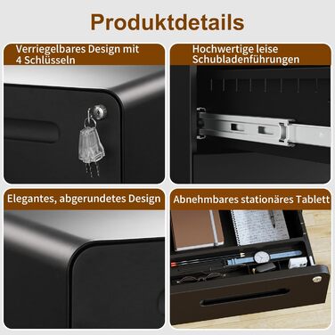 Роликовий контейнер HOMSTEEL з замком, 4 шухляди, металевий офісний шафка, чорний (46T x 40B x 64H cm)