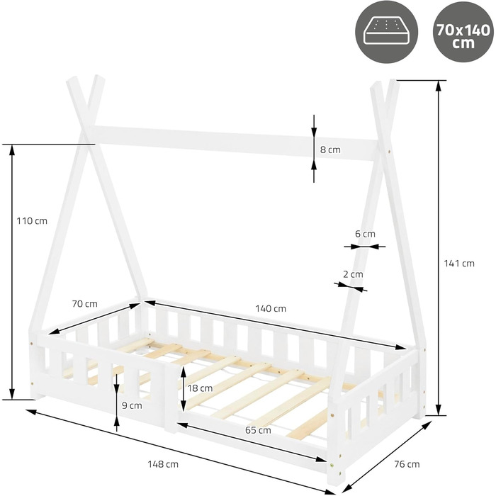 Дитяче ліжко-халапа Tipi 70x140 см біле з бортиками та ламелями, з сосни, індіанське ліжко для дівчаток та хлопчиків, будиночок-ліжко з огорожею, ліжко-халапа для дітей та підлітків, ігрове ліжко-намет