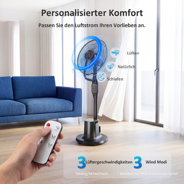 Підлоговий вентилятор з функцією зволоження, осциляція 70°, 3 швидкості, 3 режими, резервуар для води 3,5 л, чорний