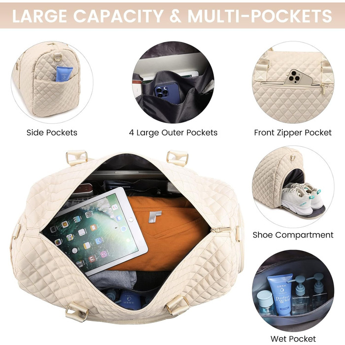 Спортивна сумка OVEVOOK для подорожей, жіноча, Weekender, для вихідних, дорожня сумка, сумка для дитини з косметичкою, відділення для взуття та мокрого одягу, водонепроникна, ручна поклажа для авіаперельотів, чорна (L, Beige 3er Set)