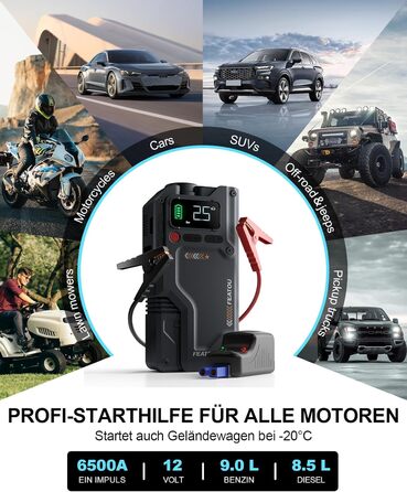 Powerbank з компресором Starthilfe 6500A: автостартер 12V для легкових автомобілів з повітряним насосом, бустер-акумулятор (для 9.0L бензину/8.5L дизеля) з пусковими кабелями, LED ліхтар 500 люмен (чорний), піковий струм 6500A