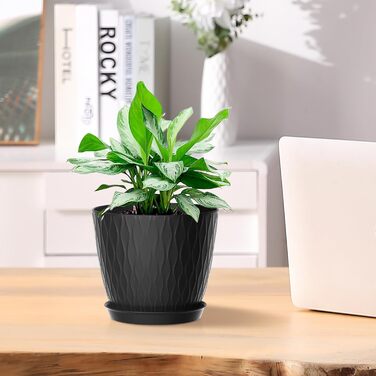 Набір горщиків для квітів з системою поливу (5 шт.), 17.8 см, з підставкою, для дому та балкону (чорний)