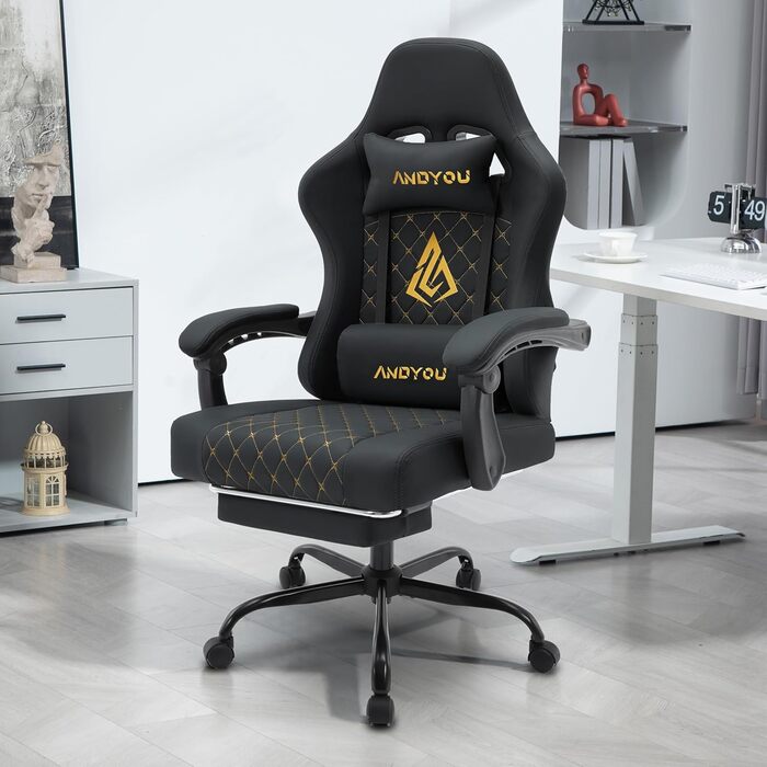 Ігровий крісло Andyou Racing Gamer, ергономічний крісло з підставкою для спини, штучна шкіра, 130 кг, чорний