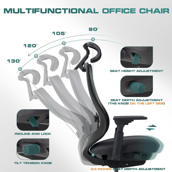 Офісний крісло Colamy XK01 Atlas: ергономічний, з високою спинкою, регульованою підголівником та 4D підлокітниками, чорний