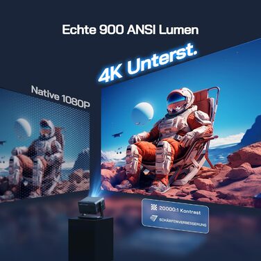 Міні проектор WOLFANG 4K з автофокусом та корекцією трапеції, 28000 люмен, WiFi 6, Bluetooth, для домашнього кінотеатру, 180° підставка, підтримка iOS/Android, для показу на вулиці