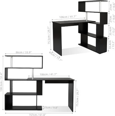 Комп'ютерний стіл Meerveil L-подібний з книжковою полицею, 157x45x130.5 см, чорний