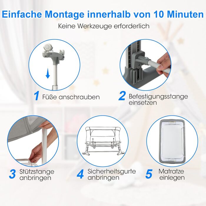 DREAMADE Beistellліжко 2-в-1 з регулюванням висоти, 5-рівнів, для новонароджених, з матрацом та колесами, 86 x 63 см, нахил 10°, сірий колір