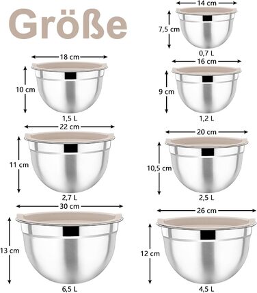 Набір місок Homikit з нержавіючої сталі, 6 штук, з кришкою, для приготування, випікання та сервірування, 6.5/4.5/2/2.5/1.5/1.2 л (Хакі, 7)