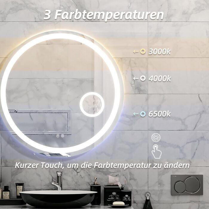 Дзеркало для ванної кімнати HySail з підсвічуванням, 5 мм, високоякісний срібний, 3 колірні температури та регульована яскравість, настінне, з сенсорним вимикачем та антизапарюючим покриттям, кругле (70x70 см)