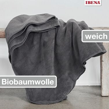 Ковдра з органічної вовни Ibena Malaga 150x200 см - 100 бавовна, зроблено в Німеччині, темно-сіра