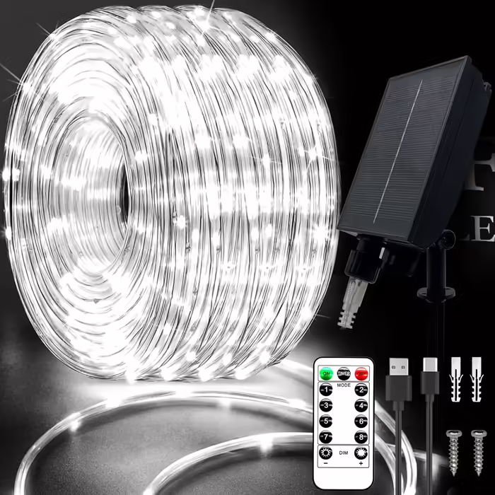 Сонячна LED гірлянда-шланг 20 м, водонепроникна, з USB, 8 режимів, пульт, холодне біле світло, для вулиці, саду, новорічна та весільна декорація