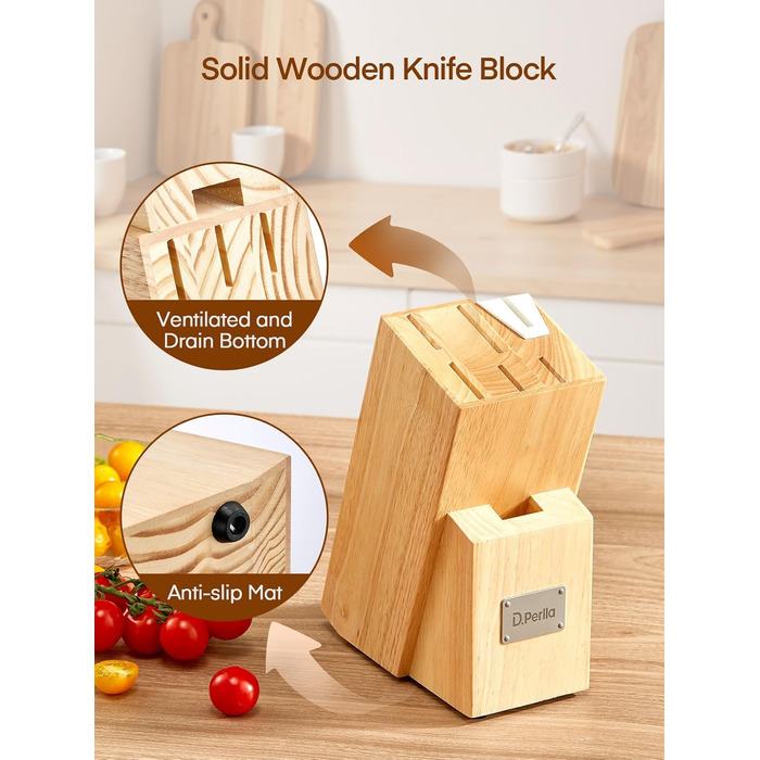 Набір ножів D.Perlla 7 предметів з точилкою, професійний кухонний набір з нержавіючої сталі з пластиковою ручкою та дерев'яним блоком, білий