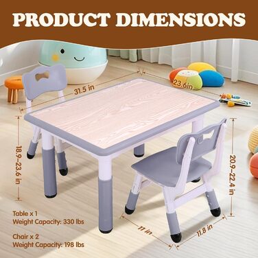 Дитячий стіл JoyHood з 2 стільцями - регульована висота. Набір дитячих меблів для дітей 3-8 років. Сірий колір. Підходить для школи, дитячого садка, дому.
