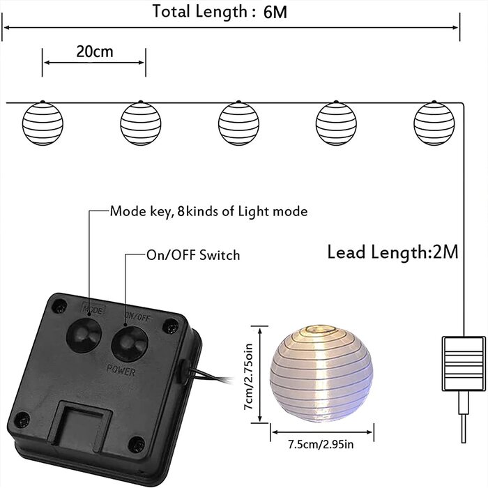 Світлодіодні ліхтарі на сонячній батареї Lezonic, 8 метрів, 30 світлодіодних ліхтарів, 8 режимів водонепроникного сонячного освітлення для саду, балкона, двору, весілля, Різдва, вечірки клас живлення A (Холодний білий, 30 світлодіодів)