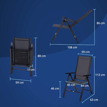 Садовий стілець KHG Складаний стілець з алюмінієм з високою спинкою, регульована спинка в 8 напрямках з підлокітником, антрацитово-сірий атмосферостійкий до іржі, 120 кг з можливістю завантаження, балконний стілець, попередньо зібраний, пластикова тканина
