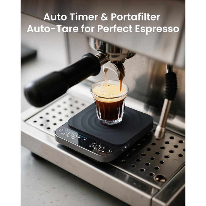Електрична вага для кави RENPHO з таймером, перезаряджувана, точність 0,1г/3кг, автоматичний таймер, портативна вага для приготування кави Pour-Over та Filter, чорний, 192*167 мм