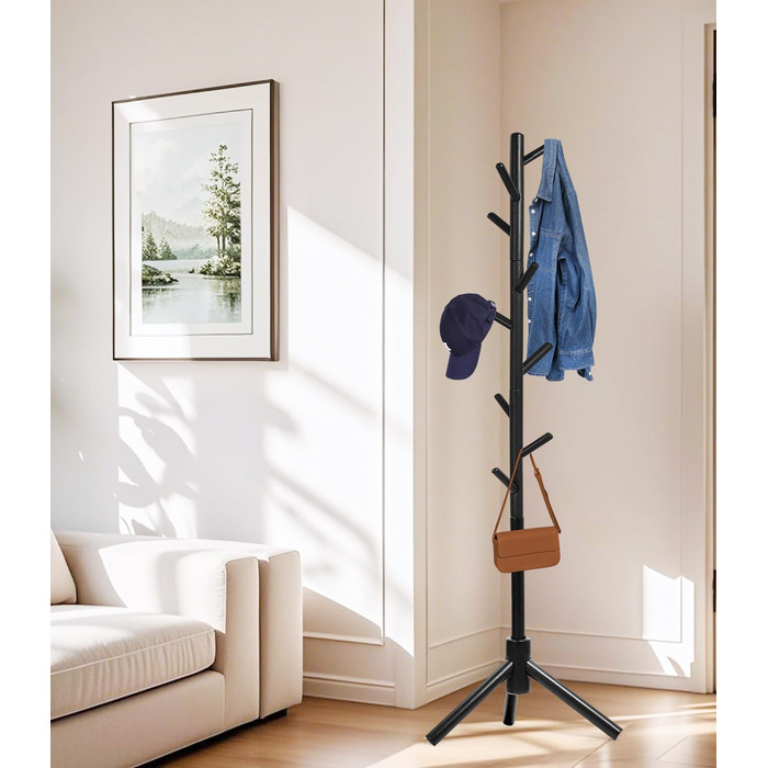 Підставка для одягу з бука, 9 гачків, 3 положення по висоті, для шапок, шарфів, сумок (білий/чорний)