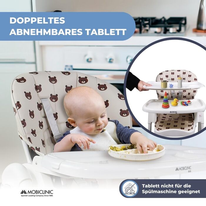 Дитячий стільчик Mobiclinic® Kids Simba, розкладний, з регулюванням висоти, безпечний, з м'яким сидінням та знімним столиком, зелений (з принтом ведмедика)