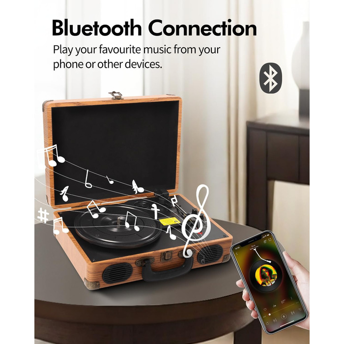 Вініловий програвач з Bluetooth, цифровим енкодером, вбудованими стереодинаміками, 3 швидкості (33/45/78 об/хв), AUX-вхід/вихід, натуральне дерево