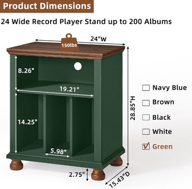 Стійка для програвача LELELINKY, полиця для платівок, місце для 200 платівок, дерев'яний стіл для програвача, полиця для платівок у вітальню, спальню, офіс (зелений)