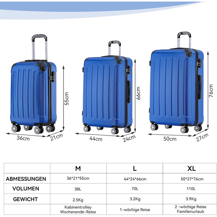 Набір валіз Beibye: жорсткий корпус, коліщатка, замок, 55/66/76 см (Diamond-blue)