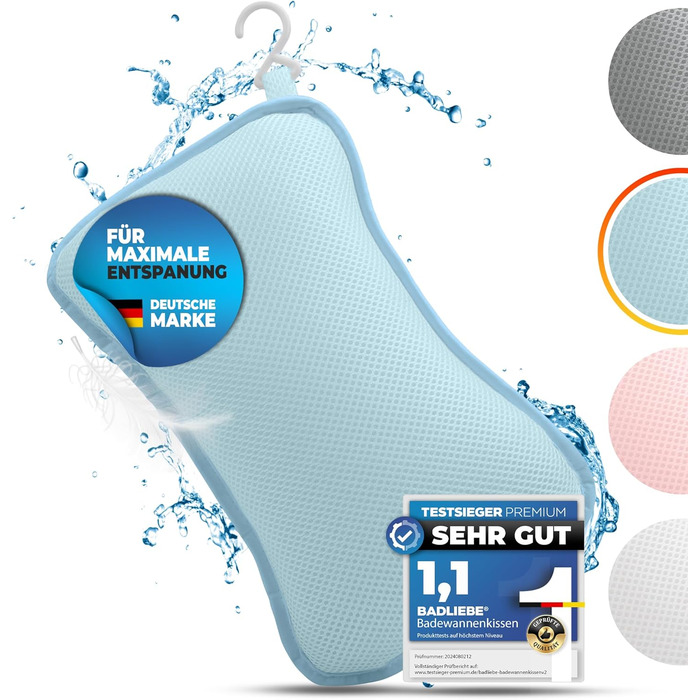 Подушка для ванни з ергономічною формою для шиї та спини - преміум якість, з 4 надміцними присосками та інтегрованим гачком (Блакитна)