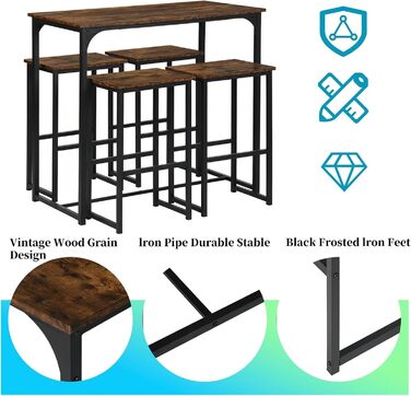 Набір барних столів ZZINOKE, 4 стільці, індустріальний стиль, для кухні/їдальні, 1005090 см, вінтажний коричневий