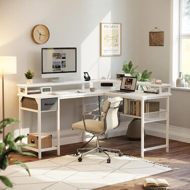 Комп'ютерний стіл CubiCubi L-подібний з розеткою, великий кутовий офісний стіл, коричневий (148 x 120 см) з LED підсвіткою